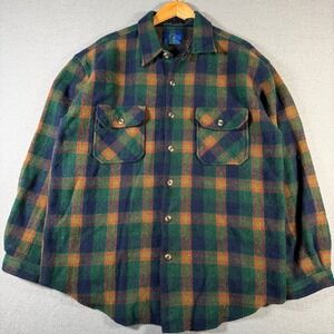Vintage In Private Men Plaid Wool Flannel‎ Shirt Jacket Green Navy Red Size L